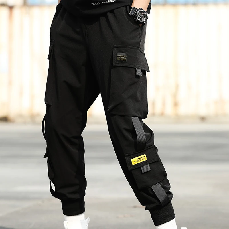 Precio Especial Pantalones Cargo de harén con bolsillos laterales para hombre, pantalón negro de Hip-Hop, informal, a la moda, ropa de calle, 2020 cintas X6MNeG7bdZx