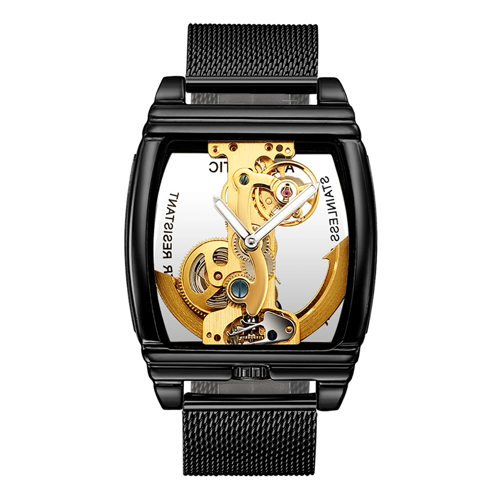 Автоматические механические наручные мужские часы Tourbillon часы прозрачные стимпанк Скелет Роскошные из нержавеющей стали самостоятельно заводные часы