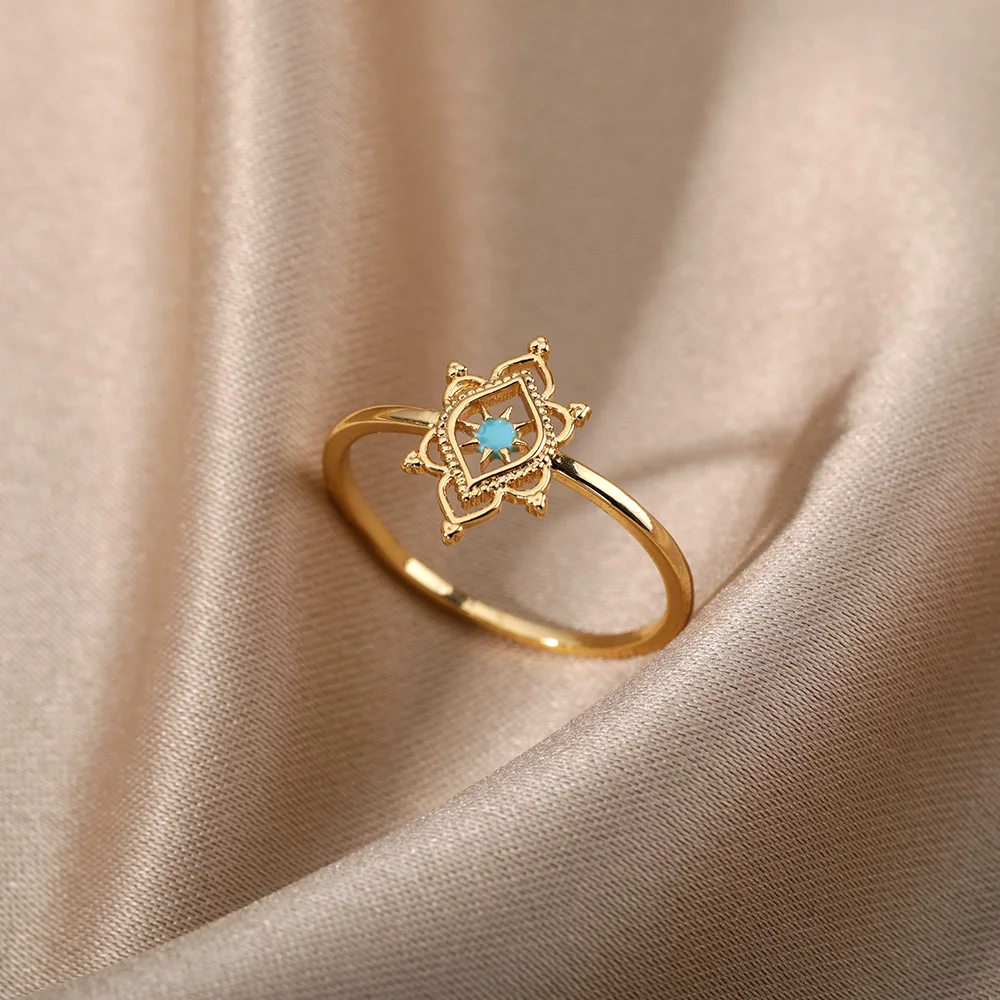 Opal Hexagonal Star Flower Ring Stainless Steel Hollow Out Pattern Geometry Ring
