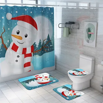 

4Pcs Christmas Bathroom Accessories Sets New Fashion Snowman Pattern Shower Curtain Bathroom Anti-slip Carpet Rugs Toilet Covers