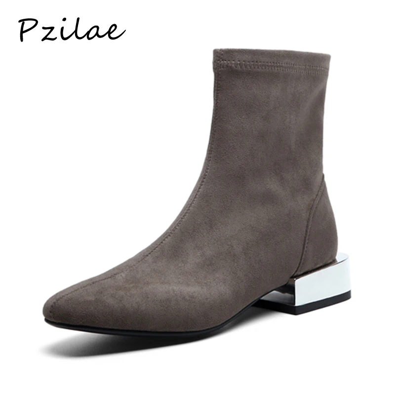 

Pzilae handmade genuine leather boots women soft 2019 square toe boots concise style fashion ankle boots for women low heel gray