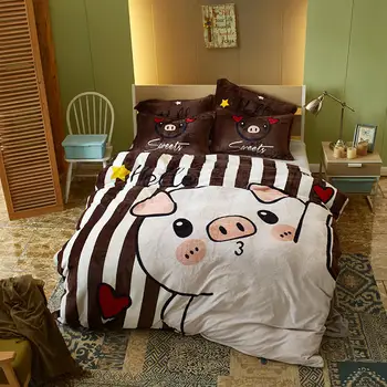 

Cartoon piggy Bedding Set Flannel Bed Set luxury Brown stripes Duvet Cover Set soft Bed Sheet Pillowcases Twin Queen size bed