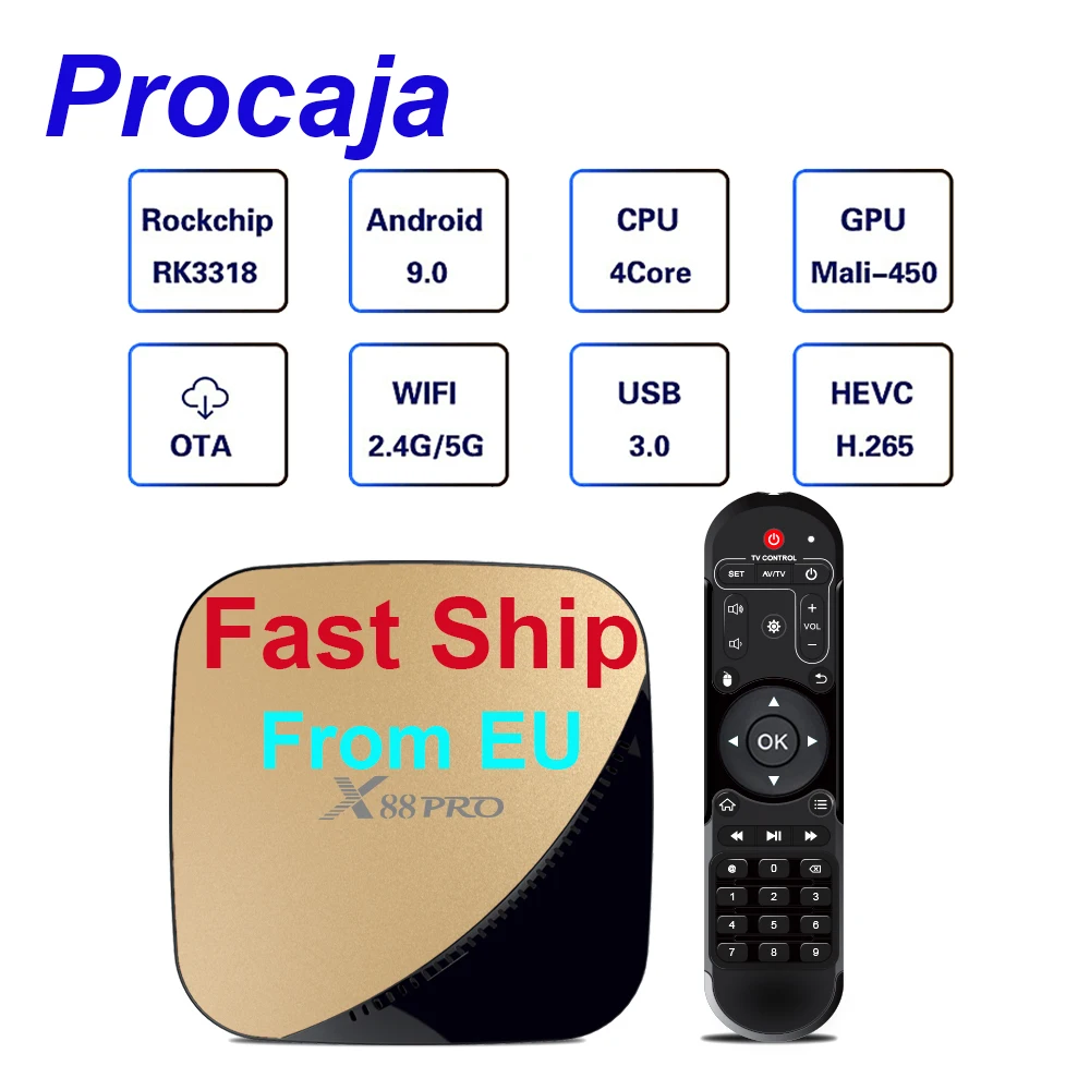

Procaja X88 Pro TV BOX Android 9.0 X88Pro Android TV BOX 4G RAM 64G Google Voice Assistant Rockchip RK3318 Quad core 2.4&5G Wifi