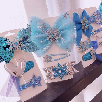 

3Pcs/set Blue Color Bowknot Hair Clips Set Ice Snow Cute Girls Children Duckbill Clips BB Clip Hair Ribbons Fashion Kid Headwear