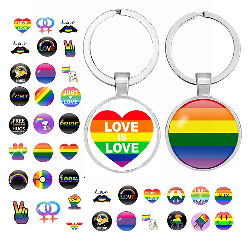 Rainbow Flags Glass Dome Keychain Lesbian Gay LGBT Pride Flag Car Key Chain Silver Plated Metal key ring Llavero Thanos | Украшения и