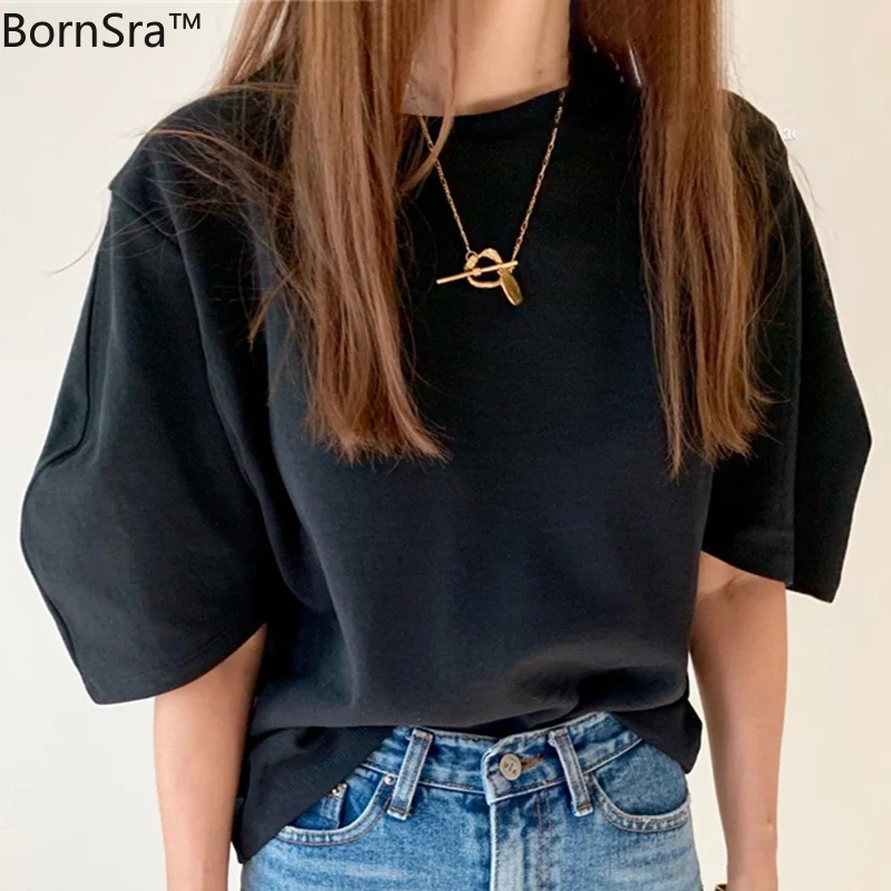 BornSra летние футболки с пышными рукавами Женские однотонные корейские свободные
