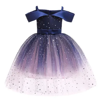 

Girls Off Shoulder Star Print Puffy Dress Dark Blue Veil With Bow Children Clothes For Girls Ball Gown