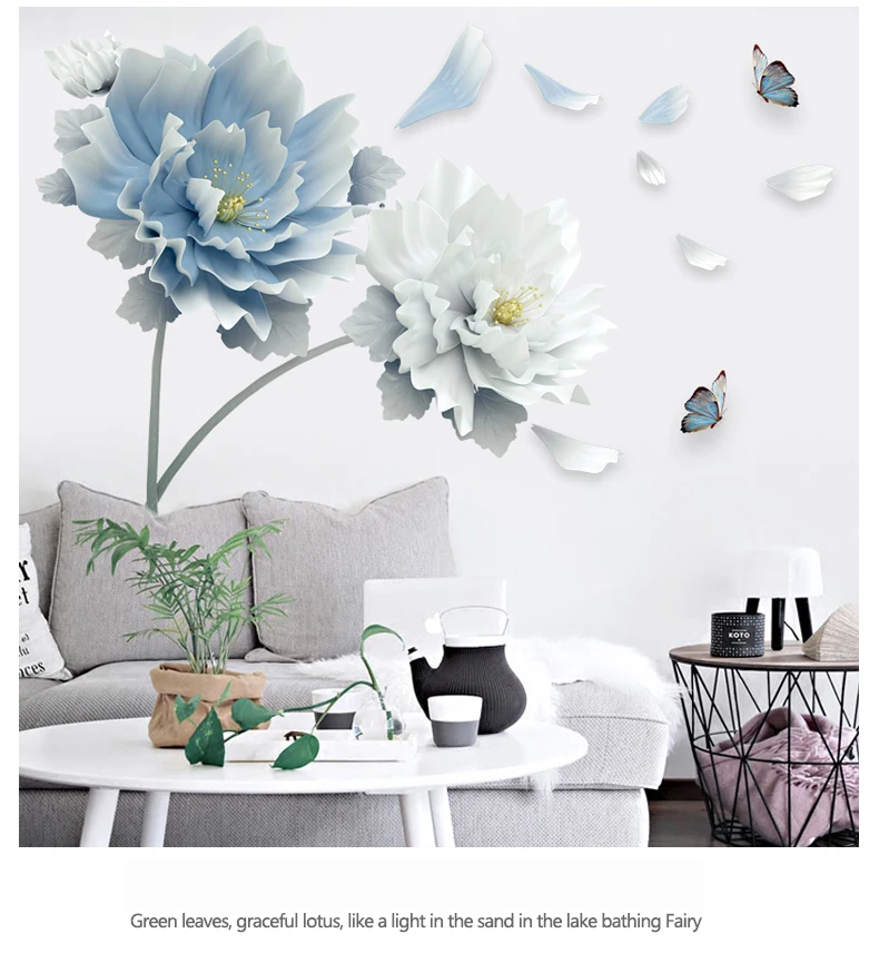 Large White Blue Flowers Lotus Butterfly Removable Wall Stickers 3D Wall Art Decals Mural Art for Living Room Bedroom Decor