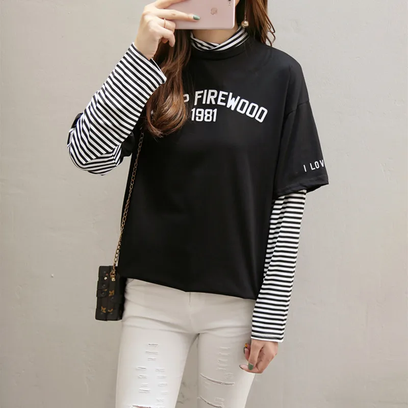 

Spring Autumn Women T Shirt Character Letter Print Stripe Patchwork Casual Loose Long Sleeve Pullover T Shirt Basic Tee Top C352