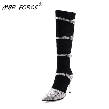 

MBR FORCE Fashion Trend Women Sexy Leopard pointed toe knee high Boots ladies female shoes high heels booties large size 34-43