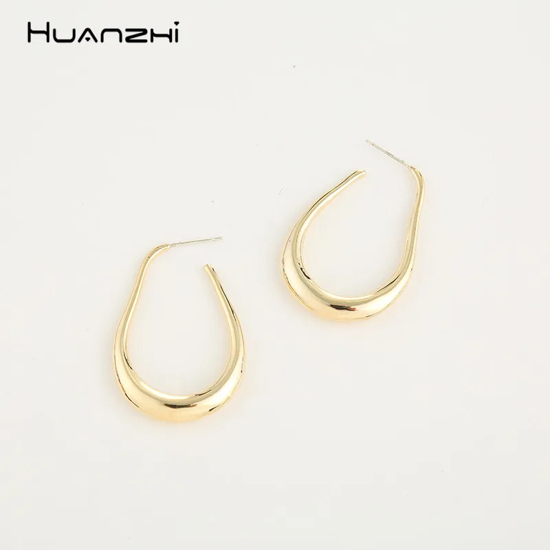 

HUANZHI 2019 Fashion Big Circle Teardrop Metal Shape Exaggeration Personality Hoop Earrings For Women Girls Party Travel Jewelry