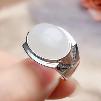 

Per jewelry Men ring Natural real white jade rings Free shipping 10*14mm 9ct big gemstone 925 sterling silver Q20586