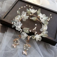 Мори шелковая Цветочная Гирлянда повязка для волос супер фея Корона невесты ободок для волос серьги набор свадебные аксессуары