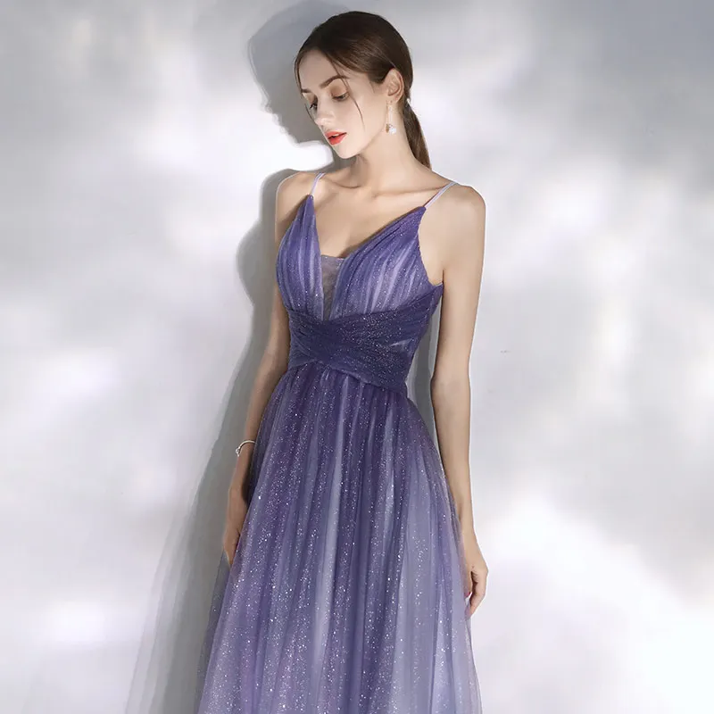Блестящие фиолетовые Вечерние платья с открытой спиной, элегантные вечерние платья для выпускного вечера, длина до пола, тюлевые трапециевидные женские вечерние платья для подиума