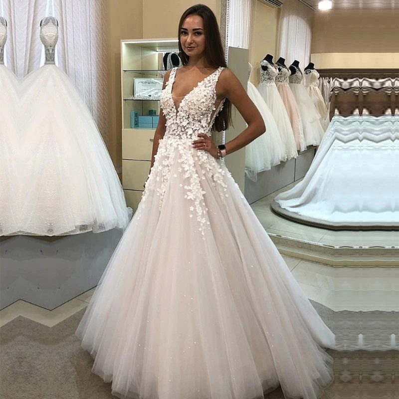 

ANGELSBRIDEP Deep V-Neck Tulle Wedding Dress Summer Style Vestidos De Noiva Beauty Flowers Floor-Length Formal Bride Dress
