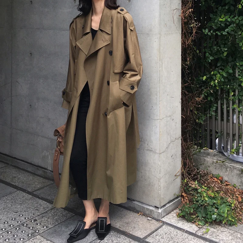 

Khaki Trench Coat Casual Women's Long Outerwear Loose Clothes For Lady With Belt Spring Autumn Fashion High Quality Army Green