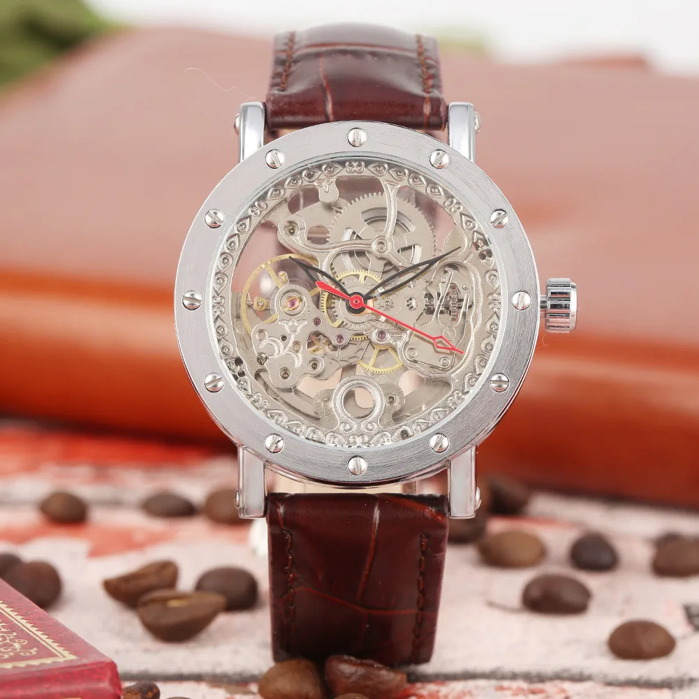 

Transparent Skeleton Steel Case Self Winding Mechanical Watch Genuine Leather Wrist Watches Automatic Timepiece Man Clock