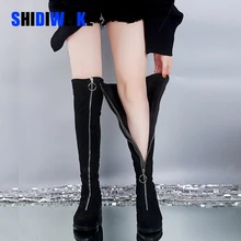 Новое кольцо с молнией спереди; женские ботфорты выше колена из эластичной замши, на высоком каблуке Осенняя Женская обувь Зимняя Для женщин сапоги размер 35-41