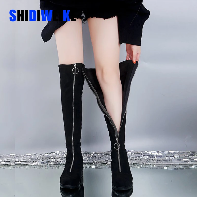 

2019 New Ring Front Zipper Women Over The Knee Boots Stretch Suede High Heels Autumn Woman Shoes Winter Women Boots Size 35-41