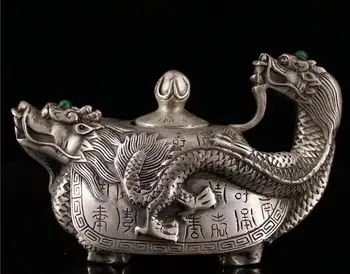 

5.71" China Pure copper Silvering inlay gemstone Hand-made Dragon turtle Teapot