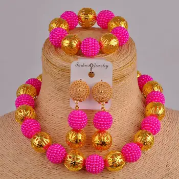 

fuchsia pink costume necklace african set african jewelry set simulated pearl nigerian beads jewelry set ZZ12