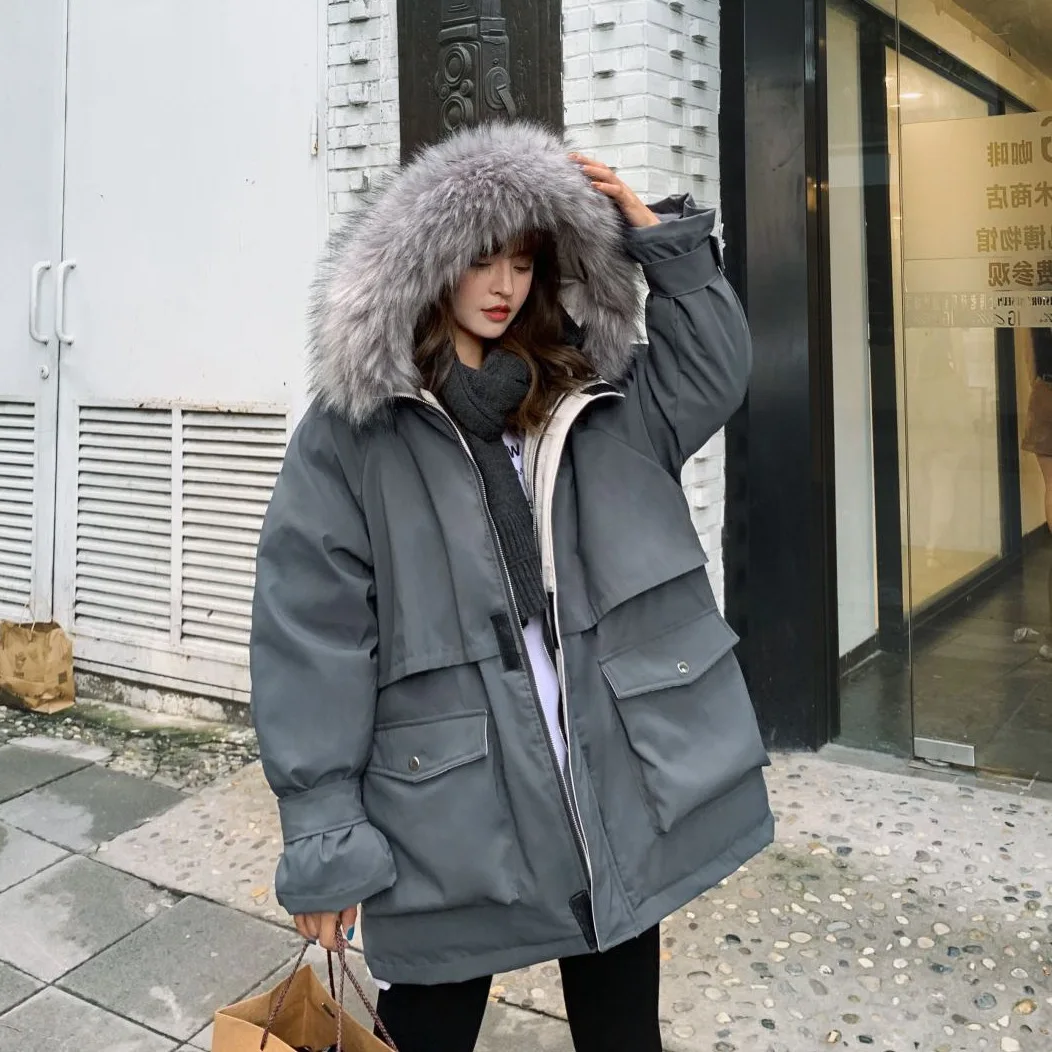 

Photo Shoot Main Push CHIC Three-Color Mid-length Hooded Large Fur Collar BF Laziness Casual BF Style Workwear Cotton Coat Women