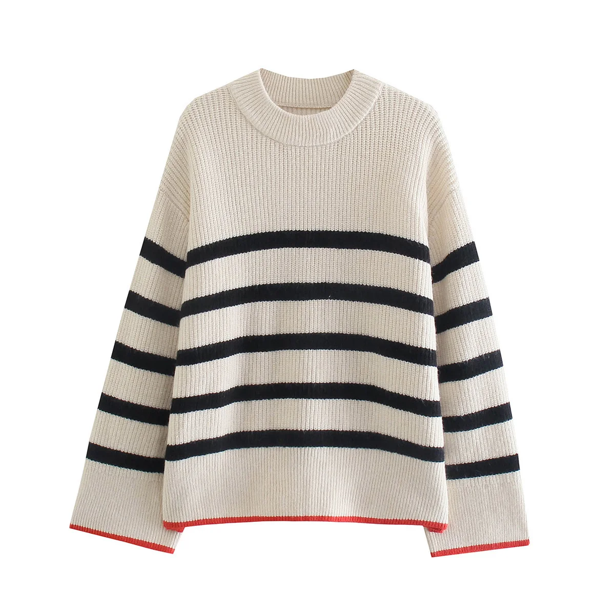 New-Women-Fashion-Striped-Knit-Sweater-Round-Neck-Long-Sleeves-Chic ...