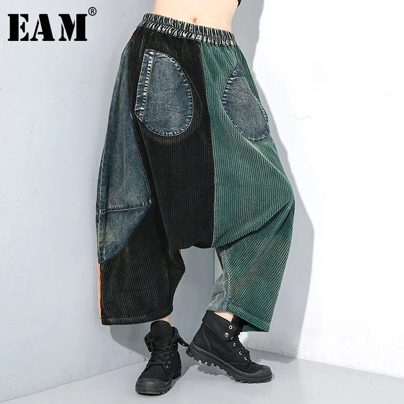 [EAM] Джинсовые штаны-шаровары с высокой эластичной талией контрастных цветов, новинка, свободные брюки для женщин, модные весенне-осенние 1M035