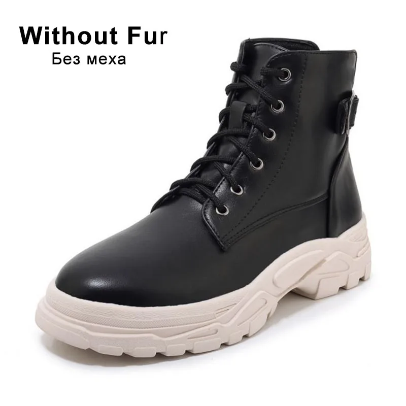 black without fur Taoffen/Новые Модные женские Теплые ботильоны размера плюс 29-46 Повседневная зимняя обувь из искусственной кожи на толстой подошве женские полусапожки - Цвет: black without fur