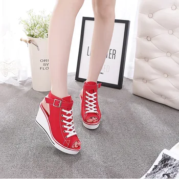 

BONJEAN Women Shoes Hidden Wedge Invisible Heel Shoes 2020 Women Casual Shoes Canvas High Top Breathable Platform Sneakers