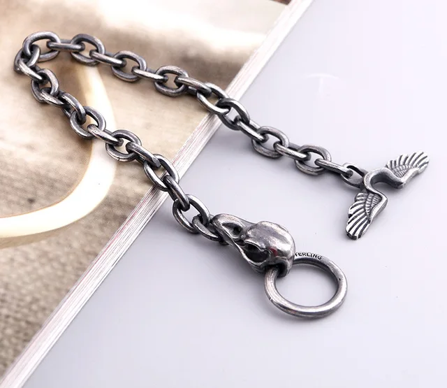 New Silver Handmade Crow Skull Man Bracelet Retro Punk Raven