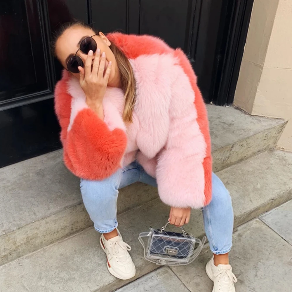 2021 Winter Women Sweet Pink Patchwork Fur Coat Luxury Design