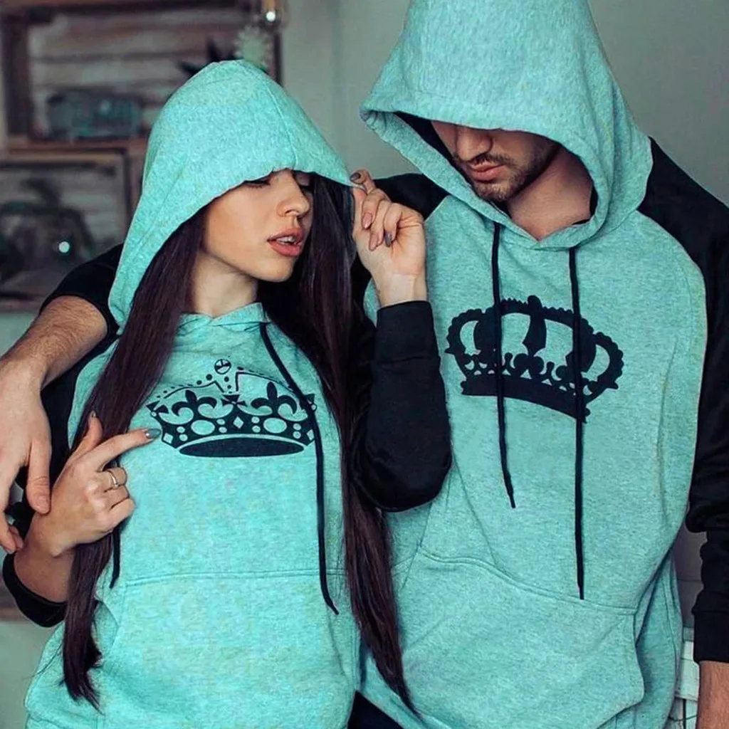

Women men couple clothes sweatshirt hoodies crown Print Long Sleeve Hooded Jumper Couple Tops Blouse Pocket pullovers Tracksuit