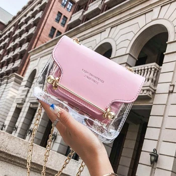 

Fashion Women Brand Design Small Square Shoulder Bag PVC Clear Transparent PU Composite Messenger Bags Solid Color Crossbody Bag