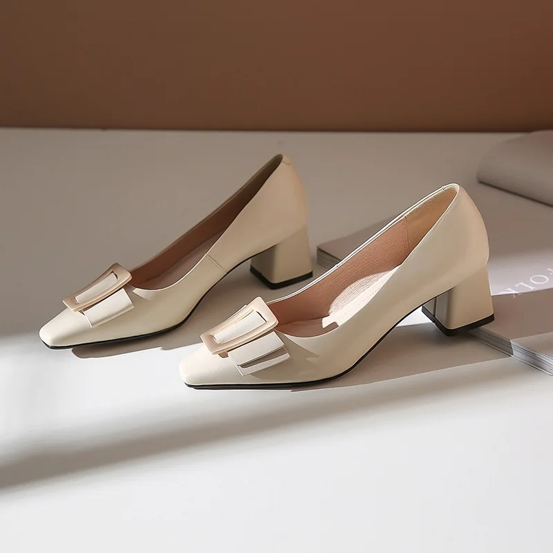 beige EGONERY/Новые модные женские туфли-лодочки на осень Женская рабочая обувь из натуральной кожи с квадратным носком на среднем каблуке Прямая поставка; размеры 34-40 - Цвет: beige