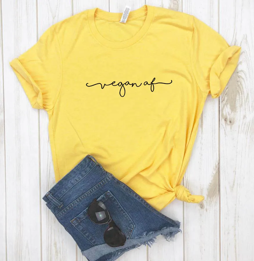 Vegan AF буквы Женская футболка смешные изделия из хлопка футболка подарок для леди Yong Девушка Топ Футболка Прямая поставка S-917 - Цвет: Цвет: желтый