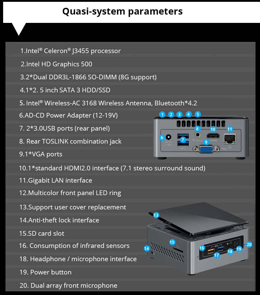 Intel NUC NUC6CAYH мини-ПК/HTPC Intel четырехъядерный J3455 до 2,3 ГГц DDR3 Wi-Fi Bluetooth 4k Поддержка двойного монитора с поддержкой Windows 10