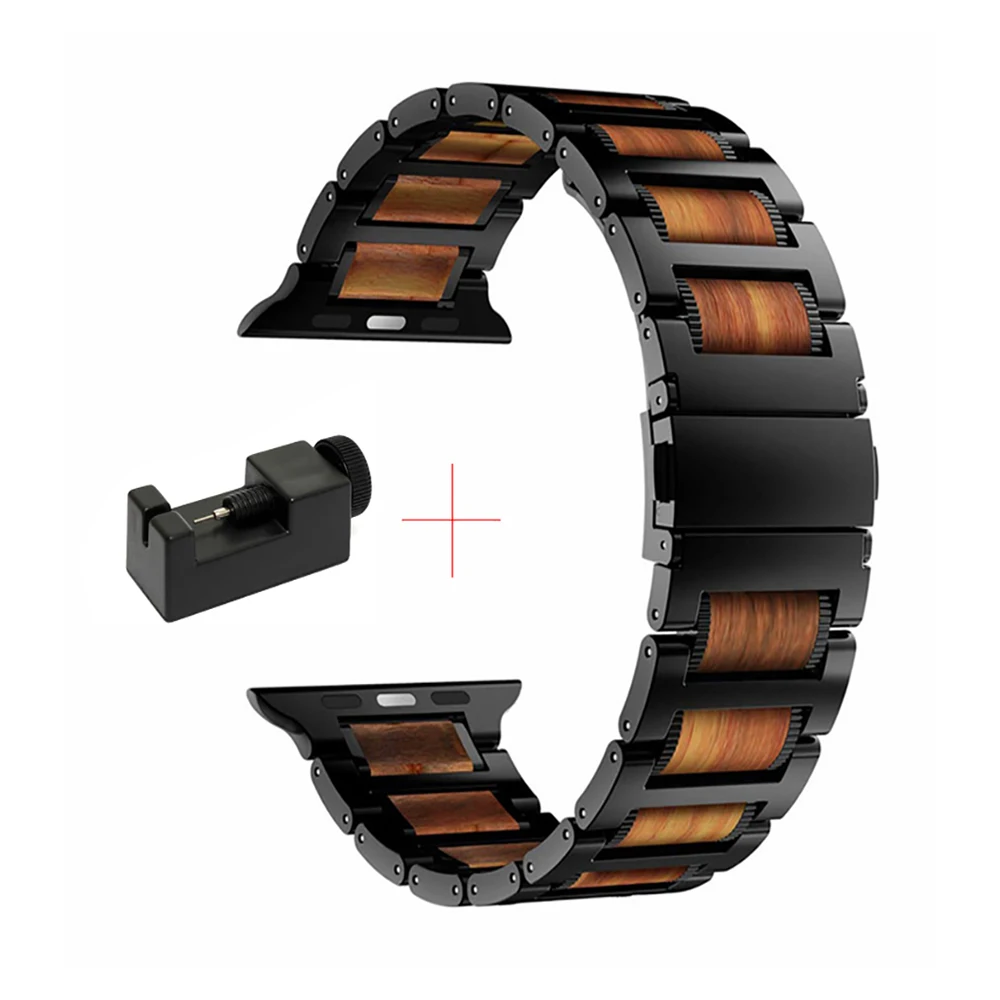 Ремешок из дерева и нержавеющей стали для iWatch Apple Watch Series SE 6 5 4 3 2 1 44 мм 42 40 38 ремешок