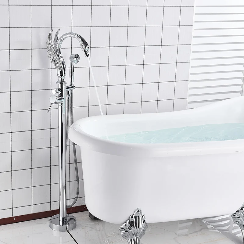Swan Shape Bathtub Faucet Freestanding Bathroom Bath Tub Mixer Tap Single Handle with Handshower Floor Mounted Bath Shower Tap 4