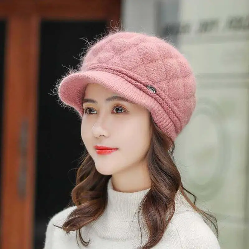 Autumn Winter Hats for Women Warm Thick Rabbit Fur Hats Women Newsboy Berets Ladies With Woolen Knitted Hat Female Caps
