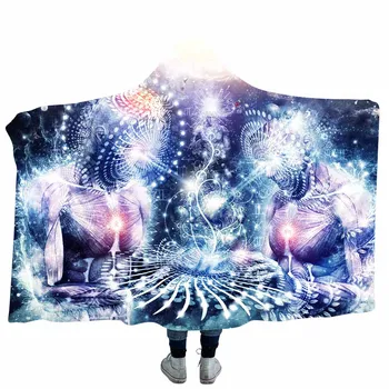 

3D Printed Psychedelic Hooded Blanket For Adults Winter Double Thicken Mandala Coral Fleece Throw Blanket On Sofa Beds
