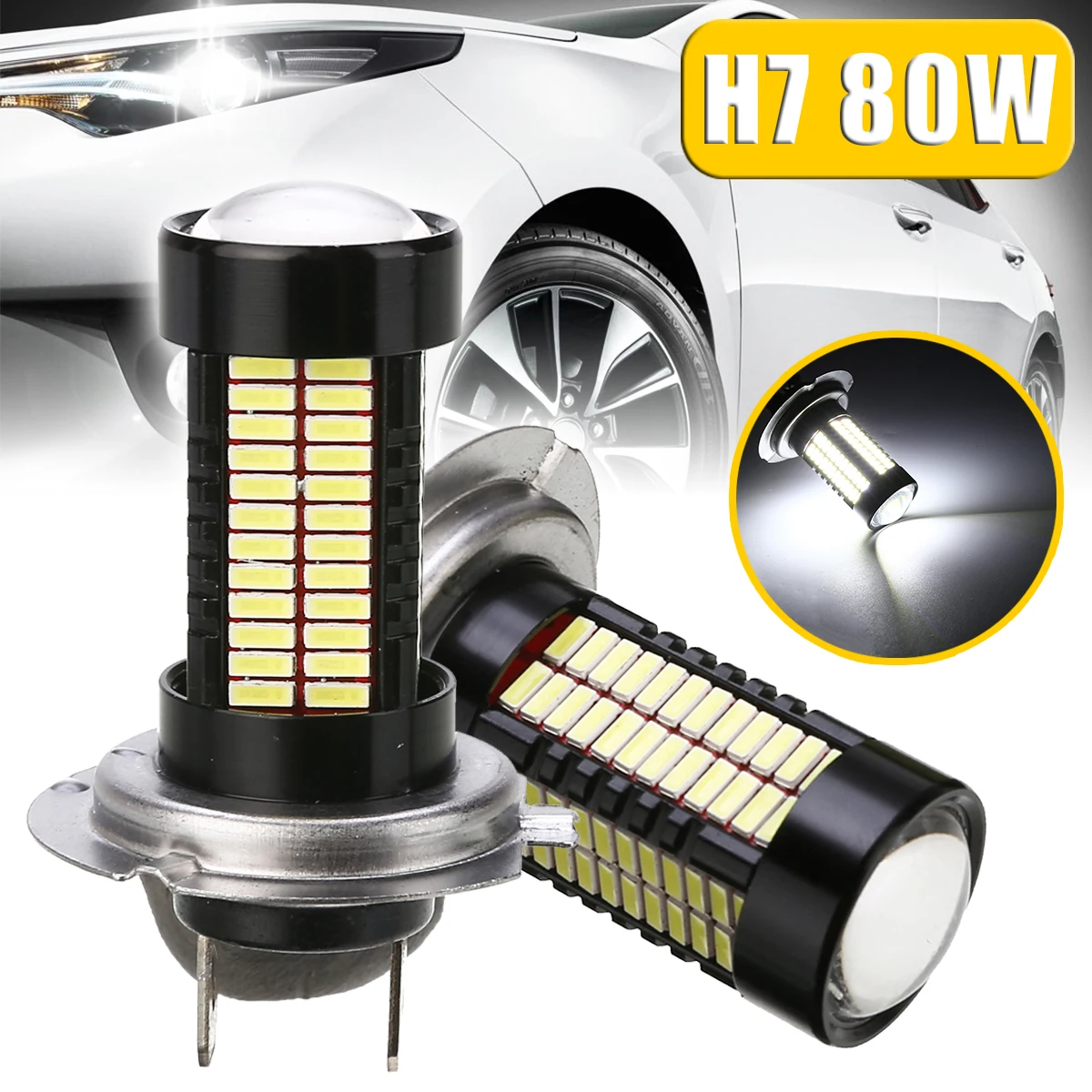 

2Pcs Car LED Headlight Bulbs 6000K 10000LM White H7 4014 80W 106SMD LED Headlight Fog Driving Light Bulb