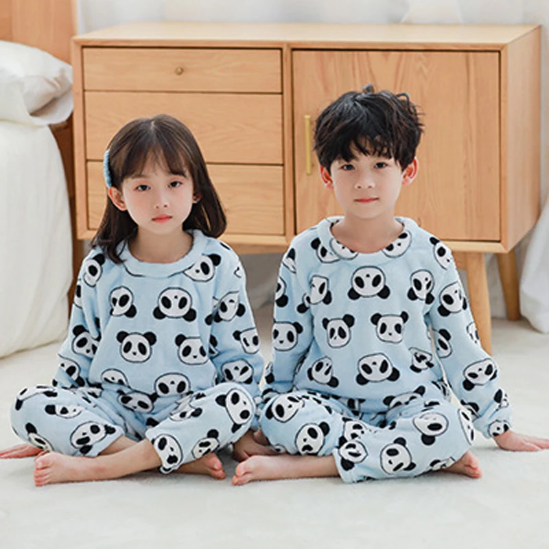 Зимние Детские флисовые пижамы, плотная теплая фланелевая одежда для сна с принтом, одежда для сна для мальчиков и девочек, детские пижамы, домашняя одежда, пижамный комплект - Цвет: Blue Panda