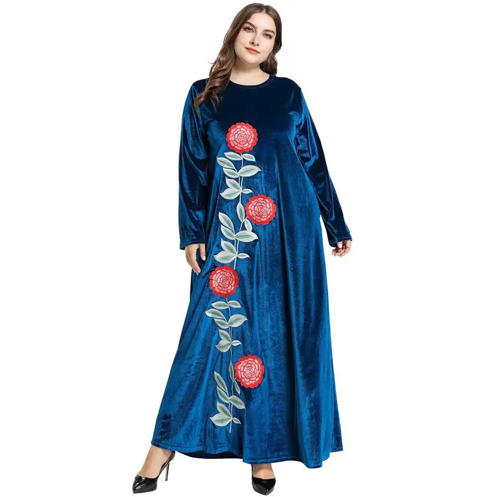 

3 Colors Embroidery Velour Maxi Dress Long Sleeve Plus Size Muslim Abaya Ramadan Moroccan Kaftan blue black pink XXXL 4XL
