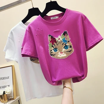 

New Animal Sequin T Shirt Cotton Tshirt Women Summer Tops 2020 Woman Clothes Camiseta Mujer Short Sleeve T-Shirt Tee Shirt Femme