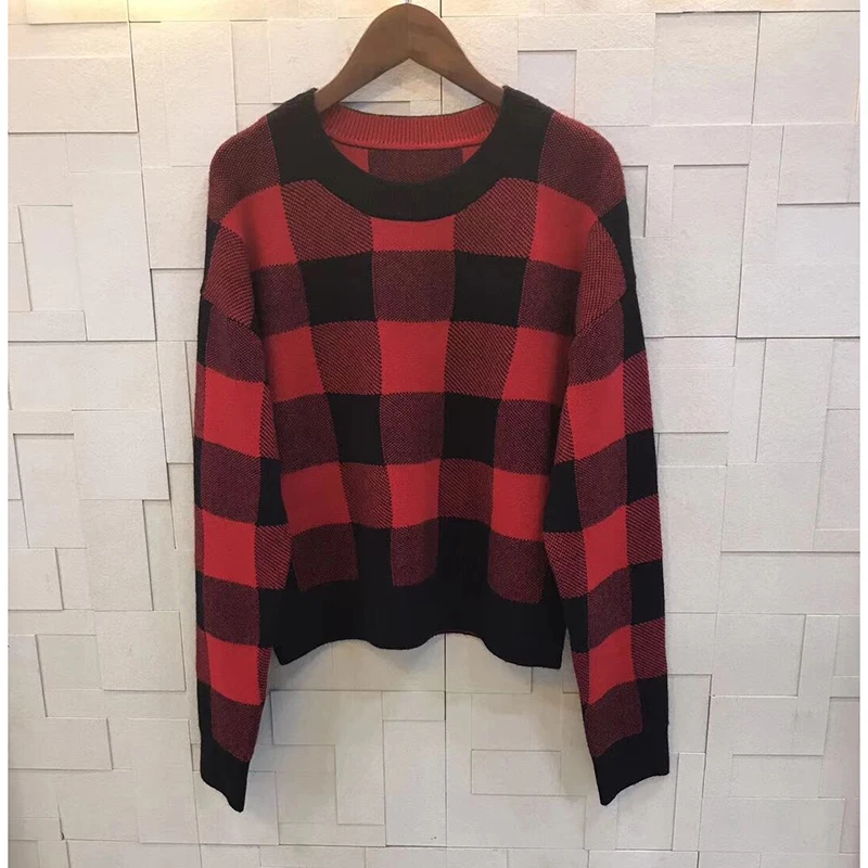 

Red cashmere sweater plaid pattern 2019 autumn and winter high-end round neck casual loose fashion long-sleeved pullover