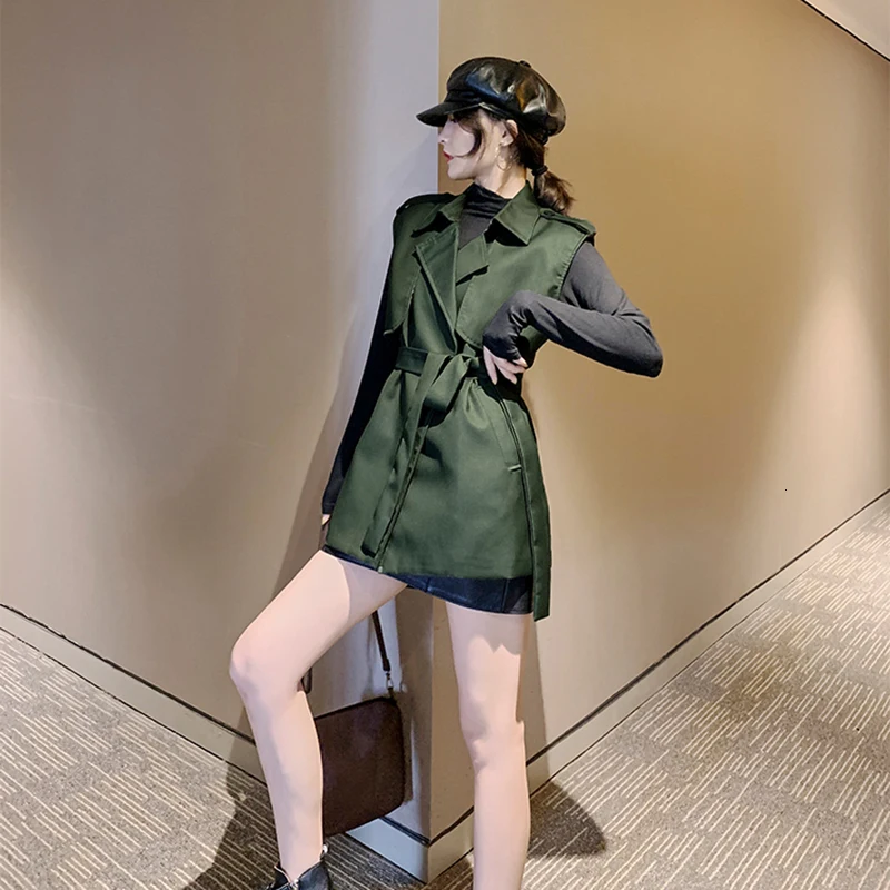 GALCAUR Tunic Autumn Women's Vest Coat Lapel Collar Sleeveless High Waist Lace Up Jackets For Female Clothing Fashion Tide