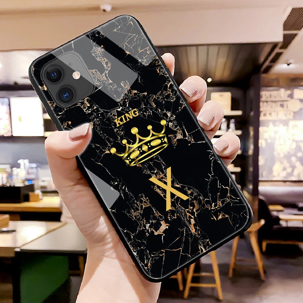 Заказное имя с надписью монограмма черный мрамор Золотая Корона стеклянный чехол для телефона для iphone 11 Pro Max 6 7 8Plus 6s XS XSMax XR 9H King