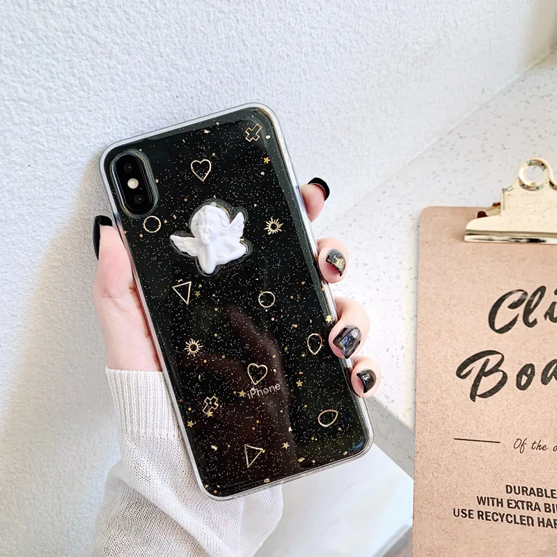 

Cute Angel Love Heart Phone Case For iphone XS Max XR X Case For iphone 6 6S 7 8 plus Soft Transparent Cover Fashion Bling Funda