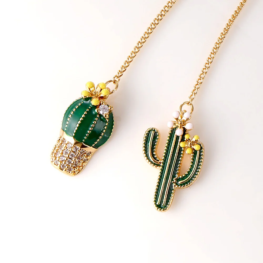 

LINDLEY 2020 New korean Asymmetrical Cactus Earrings For Women zircon gold-color Stud earrings Green Plant Flower Tassel jewelry